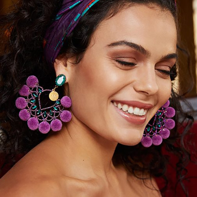 JURAN Handmade 2018 New Arrivals Drop Resin Earrings Big Hairball Earring Crystal Large Long Brinco Ear Accessories Oorbellen